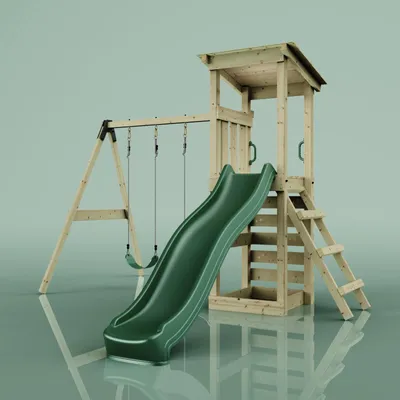 Produktbild von OutdoorToys Spielturm Neapel aus Holz in Dunkelgrün mit Doppel-Kinderschaukel