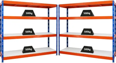 Produktbild von Mega Deal | 2x Profi Schwerlastregal Rhino | HxBxT 180x200x60cm | 4 Melamin-Ebenen 16mm | Fachlast 500kg | Blau-Orange
