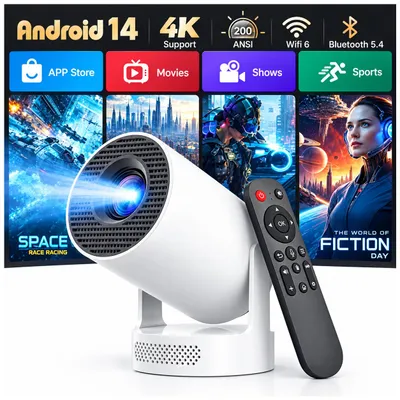 Produktbild von Mini Beamer, 4K FHD 1080P Smart Projektor, Android 14 WiFi 6 Bluetooth 5.4 Integrierte App Auto-Trapezkorrektur 180° Drehbar
