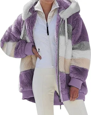 Produktbild von ASKSA Damen Fleecejacke Strickjacke Einfarbig Reißverschluss Kunstpelzjacke mit kapuze, A-Violett, XL
