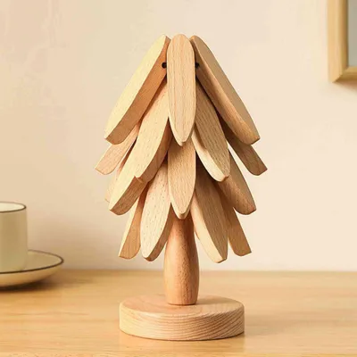 Produktbild von Holzuntersetzer für heiße Gerichte, Baumform, 4er Set + Ständer wie ein Weihnachtsbaum aufbewahrt, aus Sapeli-Holz für Töpfe, Pfannen