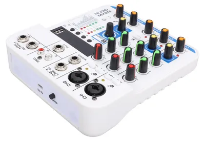 Zdjęcie produktu dla 4-kanałowy mikser dźwięku z cyfrowym pogłosem DSP, modułem USB, Bluetooth i MP3, wejściami XLR, 6,35 mm i 3,5 mm oraz zasilaniem fantomowym 48 V – do transmisji na żywo, domowego KTV i karaoke – kolor biały