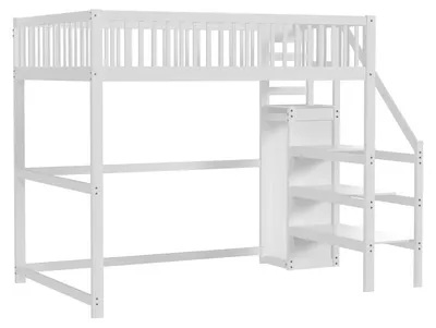 Obrázek produktu pro Postel na vyvýšenou platformu - dětská postel z dřeva - 140 x 200 cm - s žebříkem - moderní design - bílá a dřevěná - bez úložného prostoru