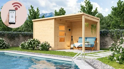 Produktbild von Karibu Saunahaus Außensauna Gartensauna Pepe 3 mit Anbaudach + 9kw Ofen finnisch und HUUM WIFI Steuergerät Sparset 467,5x 196 cm Farbe: Naturbelassen