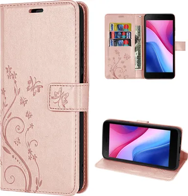 Collage of a rose gold flip phone case with floral design, showing the interior card slots and the phone in a stand position.
