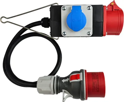 Produktbild von RoadEu - Stromverteiler mit CEE und Schuko Ausgängen - Baustromverteiler 16A, 380V und 230V - Mobilverteiler, Gummikabel 5m - 5-poliger CEE-Stecker