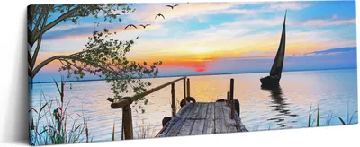Produktbild von Seelandschaft mit einem Boot – Leinwandbild Wandbild – 125x50 cm – Leinwandbilder – Wandbilder – Schlafzimmer – Flur