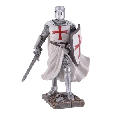 Deko Figur stehender deutscher Templerritter mit Schwert und Schild in den Händen
