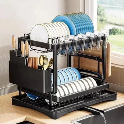 Image de Étagère égouttoir 2 compartiments avec plateau égouttoir, organisateur de vaisselle pour la maison, range-vaisselle en acier au carbone pour la cuisine
