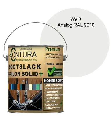 Produktbild von Contura Bootslack 2,5Liter. Farbig Glänzend Yacht- Buntlack Metall Holz GFK Holzlack Schiffslack RAL Boot Farblos - Weiß - RAL 9010 Analog