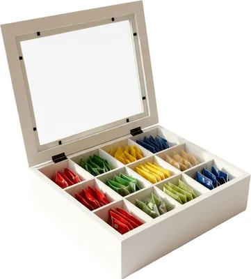 Produktbild von Relaxdays Teebox, 12 Fächer, Bambus, Teebeutel Aufbewahrung, Teekiste mit Sichtfenster, HxBxT: 8 x 28 x 23 cm, weiß