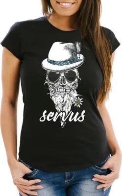 Produktbild von Damen T-Shirt Aufdruck Totenkopf Filzhut Bayern Skull Blume Servus Schriftzug Fun-Shirt Frauen Moonworks® schwarz 3XL