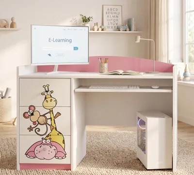 Produktbild von Schreibtisch Rosa für Kinder mit Motiv, , Jugendschreibtisch Schülerschreibtisch mit viel Stauraum, PC-Tisch Lerntisch für Mädchen, KI-generiertes Bild