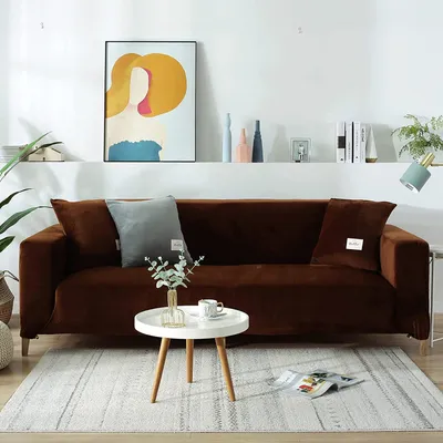 Obrázek produktu pro Sametový potah na pohovku 4 Seater- Soft Stretch Couch Cover Anti Slip Sofa Cover Plush Sofa Slipcovers with 1 Cushion Cover for Living Room, Brown, 4 Seater