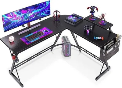 Obrázek produktu pro Unyqoos® Rohový stůl – herní a pracovní stůl ve tvaru "L", černý s zaoblenými rohy, podstavcem pro monitor, rozměry 147 x 120 cm