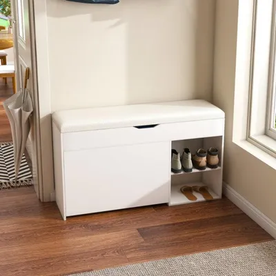 Produktbild von Schuhschrank, Schuhbank, Flurbank mit aufklappbarem, verstecktem Staufach, , Geeignet für Eingangsbereiche und Wohnzimmer, Weiß