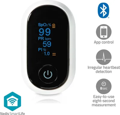 Produktbild von Nedis, Pulzní oxymetr SmartLife Bluetooth OLED displej a budík, bílý