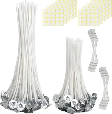 Imagen del producto de Juego de mechas para velas, 200 unidades, con mechas de 10 cm y 15 cm, y adhesivos para mechas, ideal para la fabricación de velas