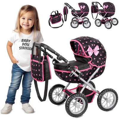 Produktbild von Kinderplay Puppenwagen mit Tasche – höhenverstellbarer Puppen-Kinderwagen 33–63 cm – faltbare Gondel – Zubehörkorb – Spielzeug für Kinder ab 3 Jahren