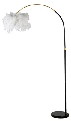 Image de Lampadaire Arc Plur 100 X 180 Cm - Lampadaire Incurvé Glamour En Métal Et Marbre - Abat-Jour En Plumes Synthétiques - Douille E27, 40 W, 220 V