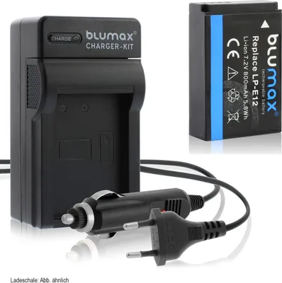 Produktbild von 1x Akku + Lader für Canon LP-E12 EOS M200 M100 M50 EOS 100D 800 mAh (7,2V)