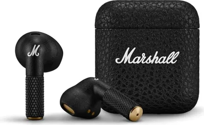 A pair of black Marshall earbuds and their charging case are displayed against a white background.