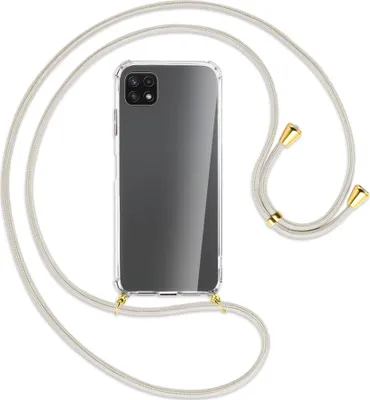 Produktbild von Handykette Backcover-Schutzhülle mit Band (Metall goldfarben) für Samsung Galaxy A22 5G (A226) - broken white
