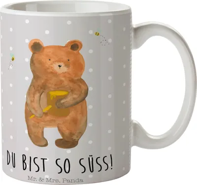 Produktbild von Mr. & Mrs. Panda Tasse Bär Honig - Grau Pastell - Geschenk, Motivtasse, Becher, Teddy, Kaffeebecher, Kaffeetasse, Partner, Freund, haferl, Liebe