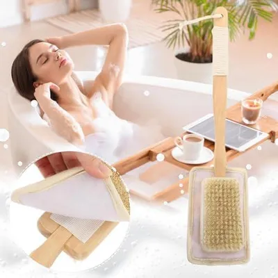 Produktbild von Luffa-Badebürste mit langem Griff für die Dusche