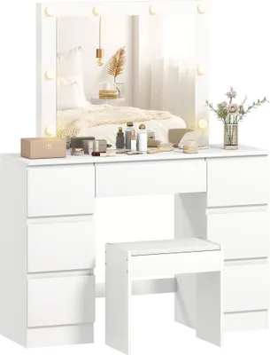 Produktbild von Schminktisch im Hollywood-Stil mit Spiegel, 8 LED-Leuchten, 7 Schubladen und gepolstertem Hocker, wei?