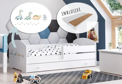 Produktbild von Kinderbett 160x80 cm mit Matratze und Schublade, Rausfallschutz & Lattenrost weiß mit Dinosaurier Motiv I