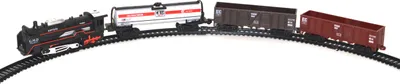 A toy train set on a white background.