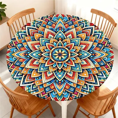 Produktbild von Tischdecke abwaschbar rund 90 cm elastischer Rand wasserdicht fleckabweisend Blumenmandala