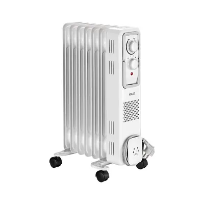 A white oil-filled radiator with black wheels, set against a white background.