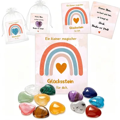 12 Herz-Glückssteine mit Karten & Beuteln, Regenbogen