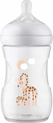 A clear studio shot of a baby bottle with a giraffe design.