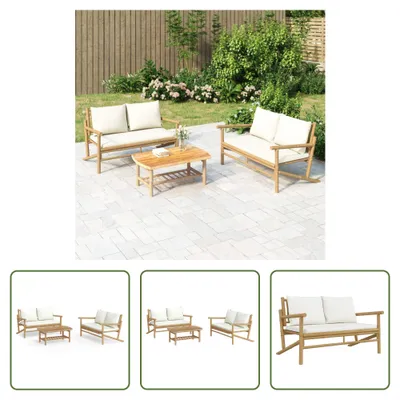 Produktbild von The Living Store 3-tlg. Garten-Lounge-Set mit Kissen Creme Bambus