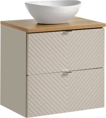 Image de Ensemble AOKI : meuble sous vasque à tiroirs 60cm + plan vasque chêne + vasque blanche ronde à poser