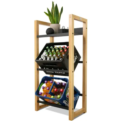 Produktbild von holz4home® Getränkekistenregal aus Bambus I 3 Kisten I inkl. Metallablage I Schwarze Metallstreben I Kellerregal Getränkeregal für Küche & Keller
