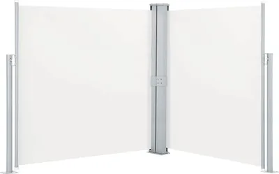 A white retractable side awning is shown, with two panels extending from a central support pole.