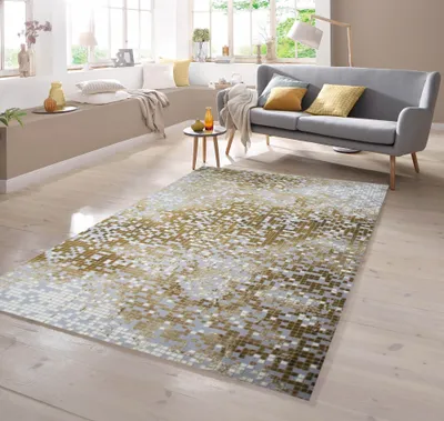 Zdjęcie produktu dla Designerski dywan z wycięciami konturowymi, w kratkę, w kolorach szarym, musztardowym i kremowym, wymiary: 80 x 300 cm