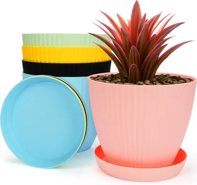 Produktbild von BELLE VOUS 5X Blumentopf für Zimmerpflanzen - Ø 14 cm Pflanzen Topf Set - 5er Set Blumentopf mit Untersetzer - Kunststoff Blumentöpfe für die Wohnung