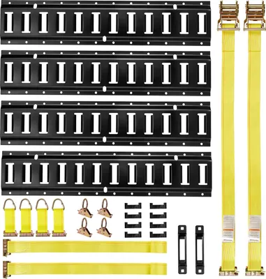 Obrázek produktu pro Sada upevňovacích kolejnic VEVOR E-Track, 4 balení 0,6 m kolejnic E-Track, 20 ks, včetně 2 ráčnových popruhů & 4 O-kroužků & 4 upevňovacích popruhů s D-kroužkem & 2 jednoduchých drážek & 8 koncovek, pro garáže, dodávková vozidla