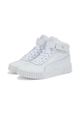 A pair of white Puma Carina 2.0 Mid Jr Schnürstiefel is displayed against a white background.