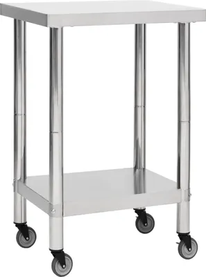 A stainless steel work table with two shelves and wheels.