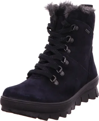 A single navy blue boot is shown against a white background.