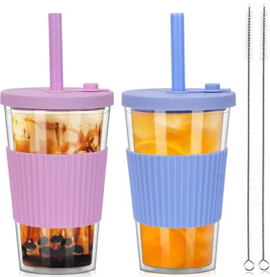 Image de gobelet Bubble Tea de 500 ml avec couvercle et paille, lot de 2 Transparent