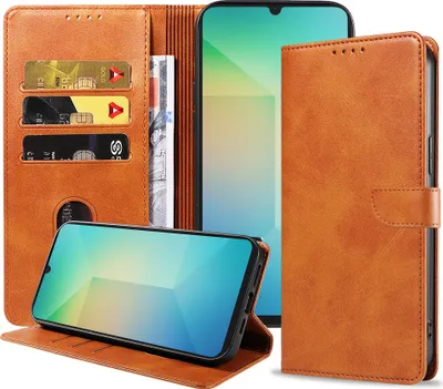 Image de Etui pour téléphone Samsung Galaxy A06 en simili cuir avec lèvre magnétique et porte-cartes Etui à rabat - Marron - Smartphonics