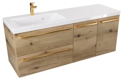 Produktbild von ATHD 120 cm SD Wandhängender Waschtisch links mit Waschbecken - Evoke Matt Eiche - Griffe aus poliertem Gold