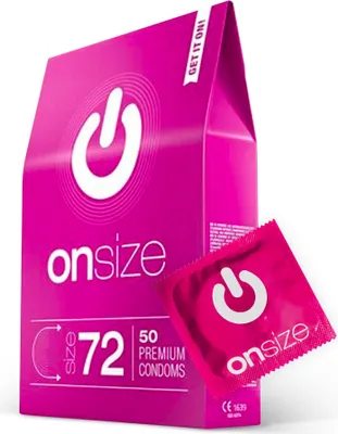 Immagine prodotto di ON) Preservativi ONsize I Larghezza 72 mm I Confezione da 50 pezzi I Premium ultrasottili I Con lubrificante al silicone I Spessore sottile 0,07 mm I Vegani I per uomini